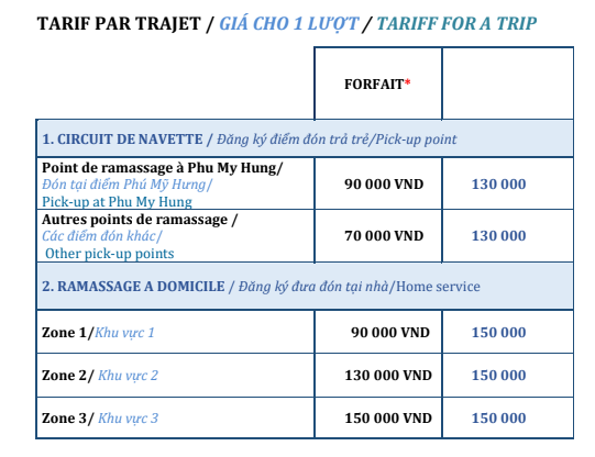 7 - TARIF PAR TRAJET : GIÁ CHO 1 LƯỢT : TARIFF FOR A TRIP Boule et Billes Ho Chi Minh City