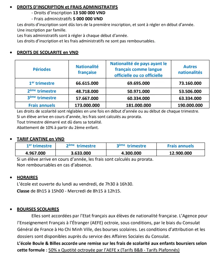 Ecole Francaise Saigon Vietnam Boule et Billes Tarifs Maternelle et Primaire 2024 - 2025