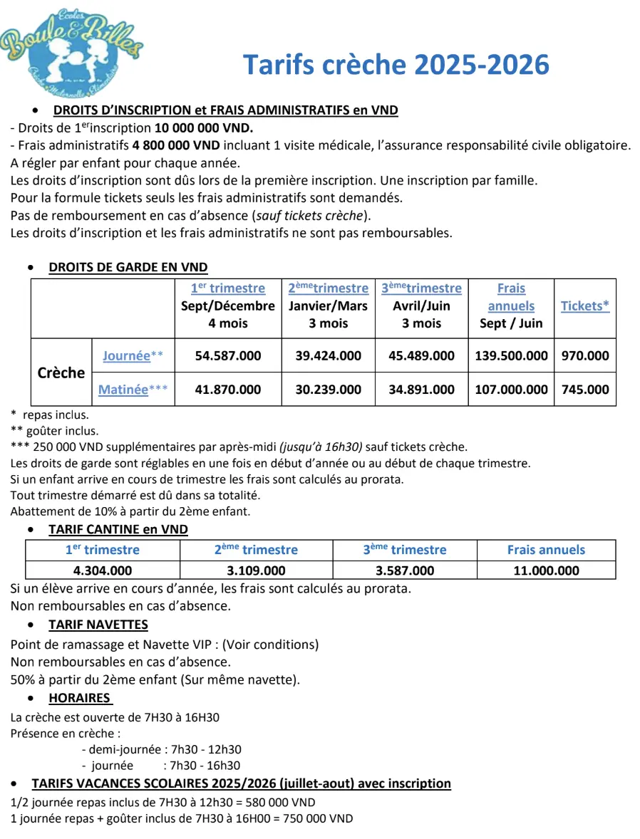1 - Tarifs Creche 2025-2026 Ecole Française Saigon Boule et Billes
