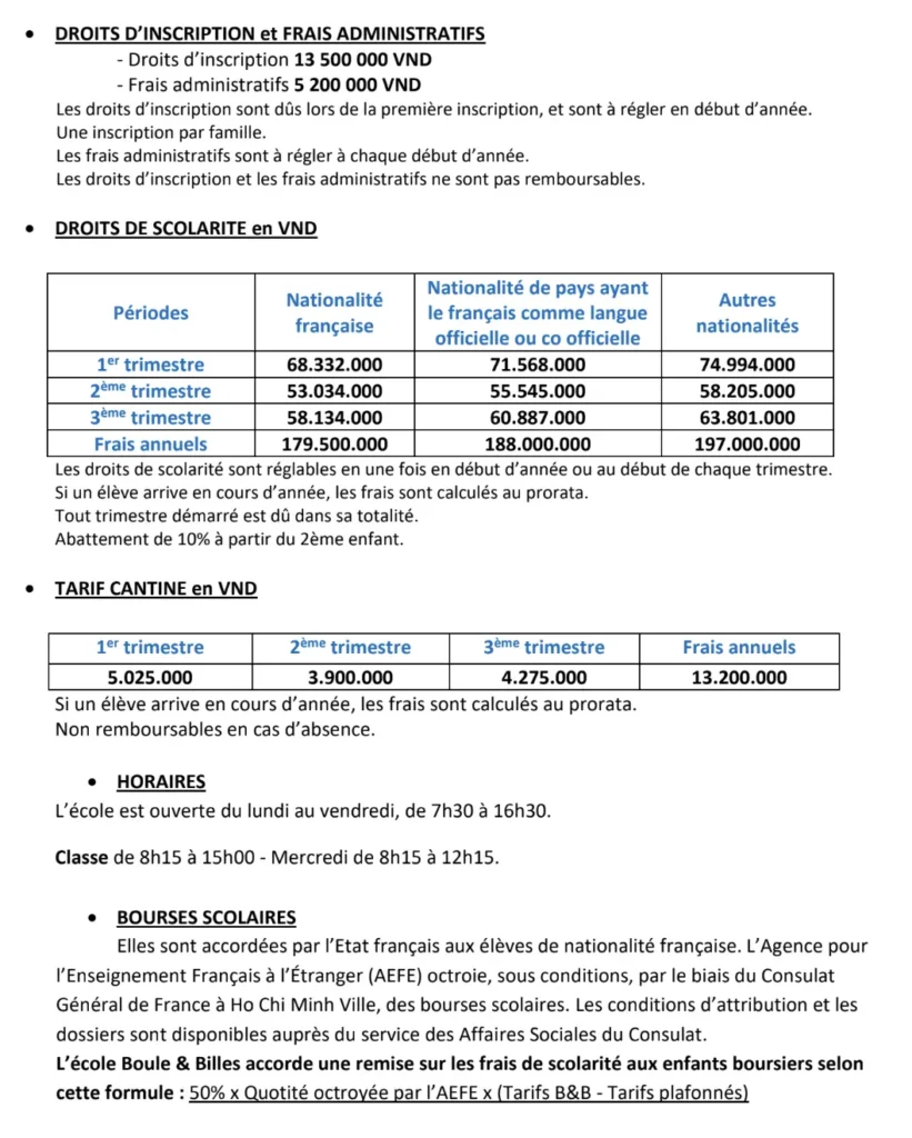 1 - Tarifs Maternelle primaire 2025-2026 Ecole Française Saigon Boule et Billes