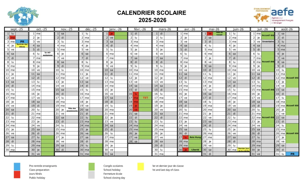 calendrier 2025-2026 boule et billes ecole francaise vietnam creche