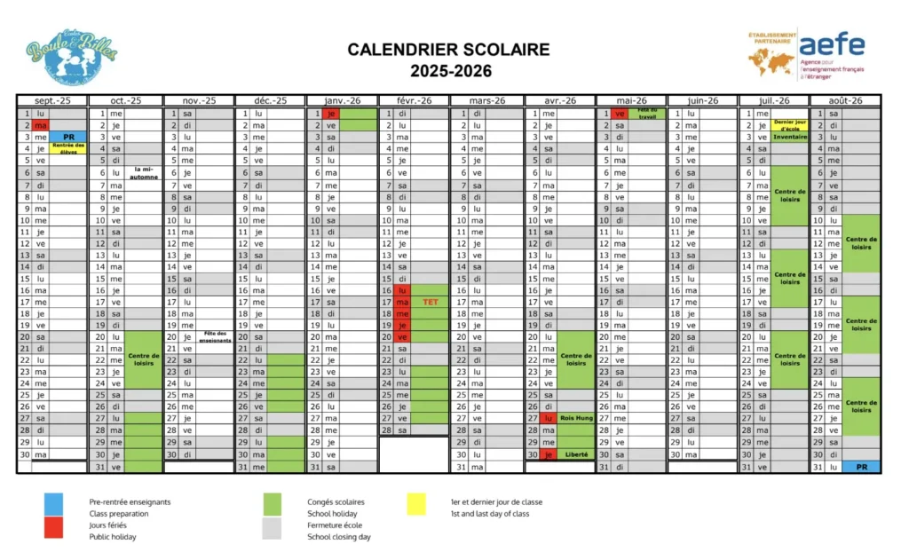 calendrier 2025-2026 boule et billes ecole francaise vietnam primaire et maternelle