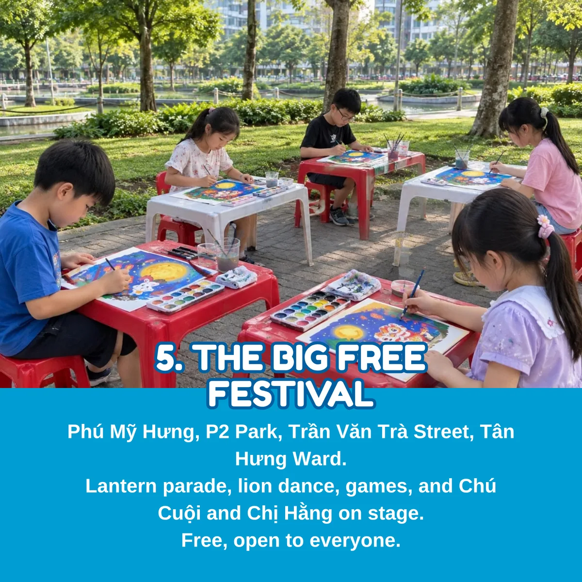Children drawing in P2 Park, Phú Mỹ Hưng, during the Mid-Autumn Festival