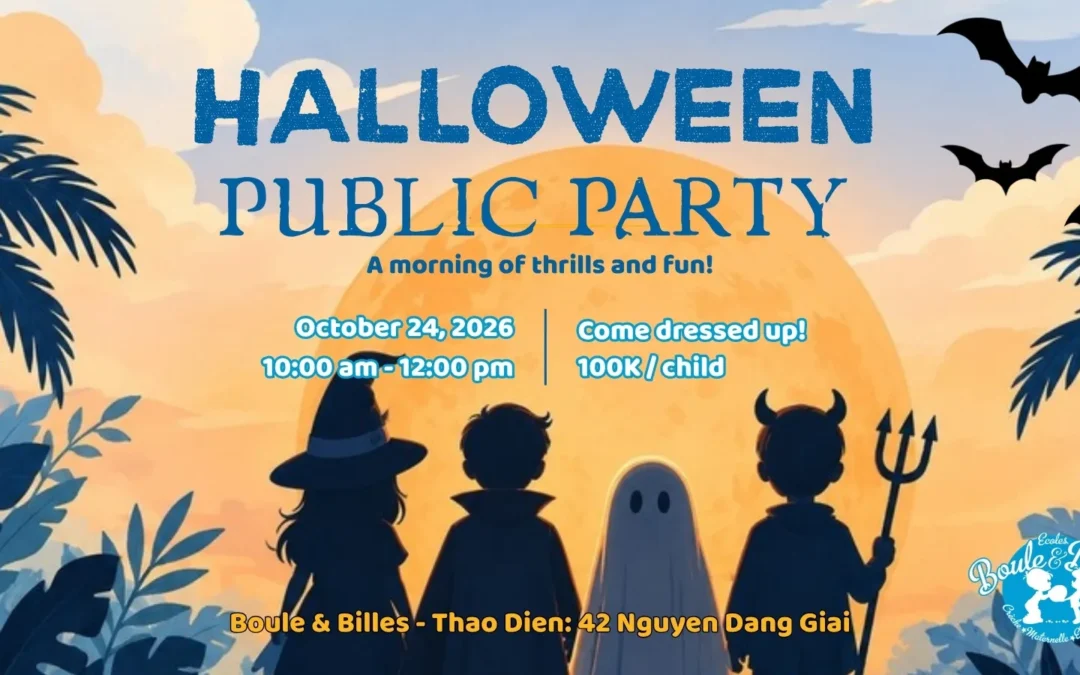 Affiche de la fête d'Halloween de Boule et Billes : samedi 24 octobre 2026, de 10 h à 12 h, à Thảo Điền, 100 000 ₫ par enfant