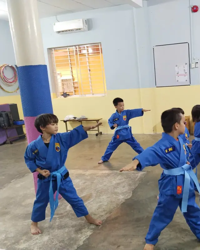 Enfants en tenue bleue qui enchaînent les mouvements du Vovinam, l'art martial vietnamien, à Boule et Billes